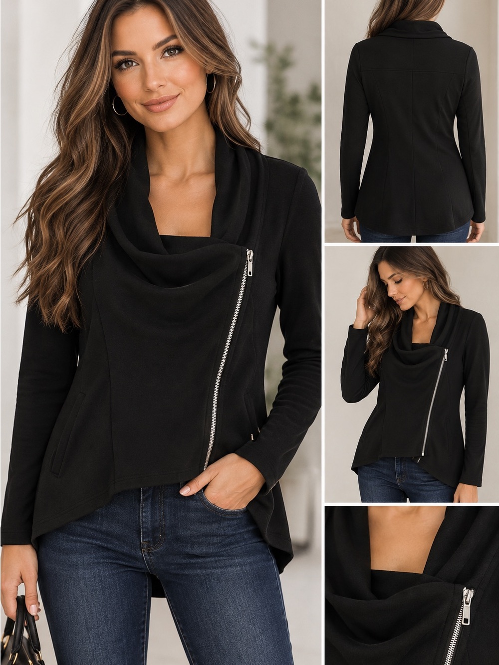 White House Black Market Size 4 Black Draped Asymmetrical Zip Jacket